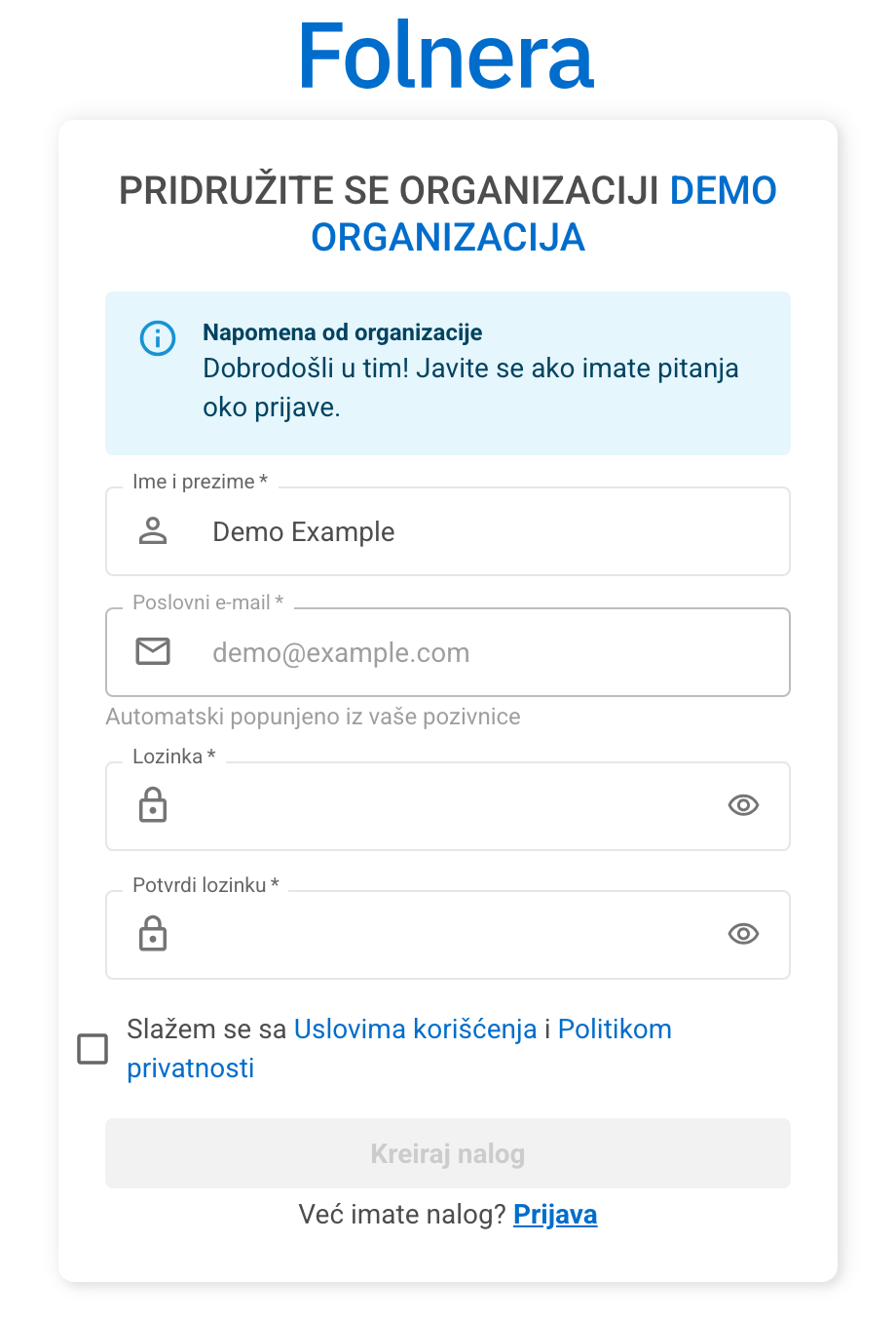 Forma za registraciju sa zaključanim email poljem i napomenom organizacije