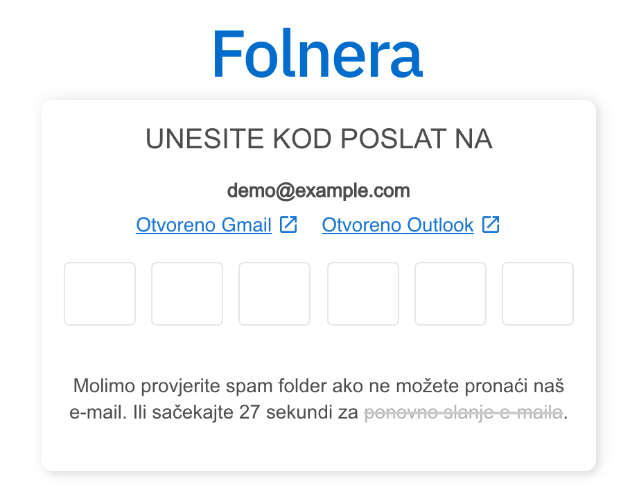 Stranica za potvrdu emaila sa šest polja za unos šestocifrenog koda