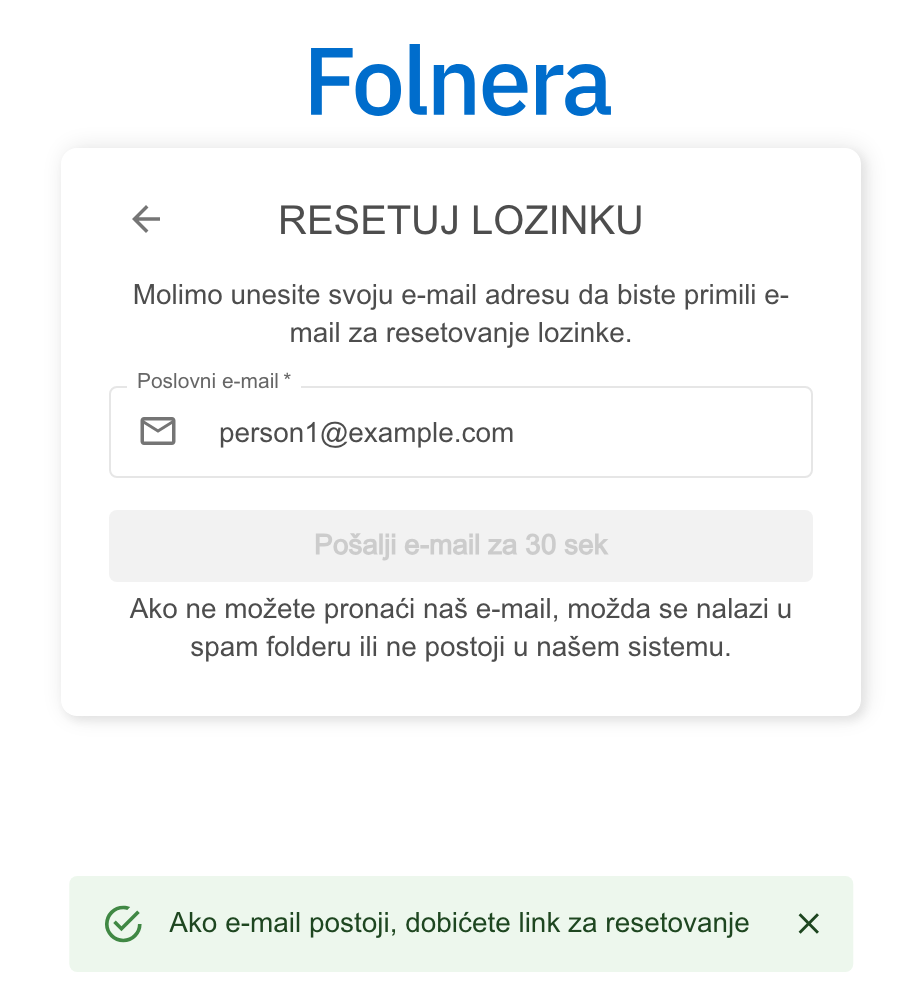 Stranica Resetuj lozinku nakon slanja, s odbrojavanjem na dugmetu i porukom da će email stići ako adresa postoji