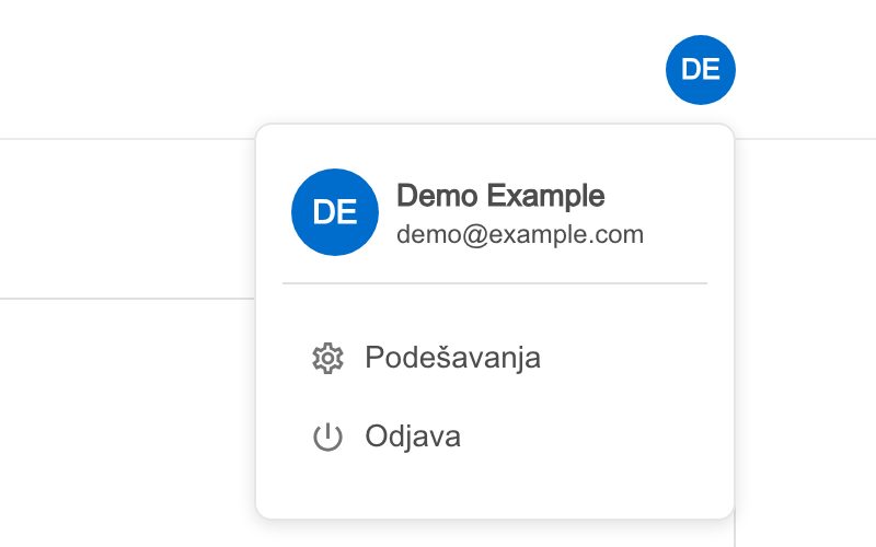 Meni profila otvoren klikom na avatar, sa stavkama Podešavanja i Odjava