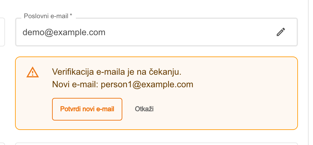 Upozorenje da je verifikacija novog emaila na čekanju, s dugmadima Potvrdi novi e-mail i Otkaži