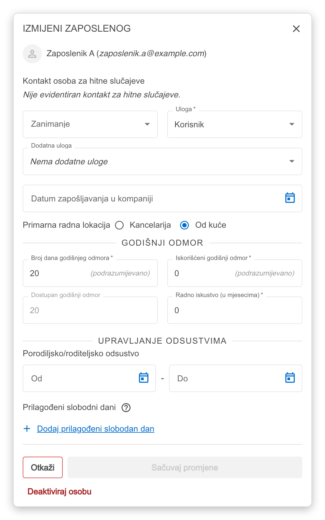 Prozor Izmijeni zaposlenog s poljima za ulogu, dodatnu ulogu, godišnji odmor i odsustva