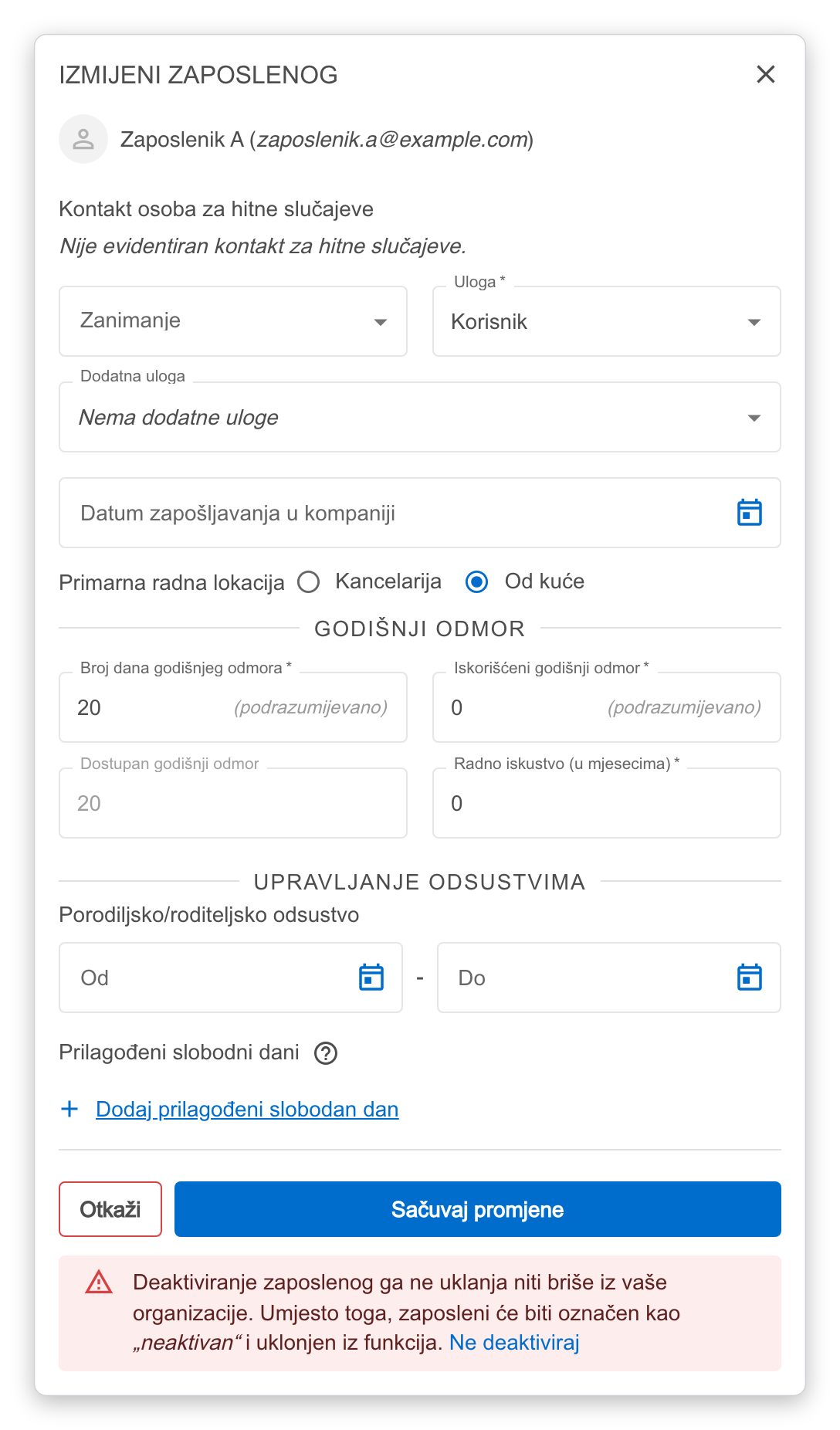 Upozorenje pri deaktivaciji zaposlenog s linkom Ne deaktiviraj