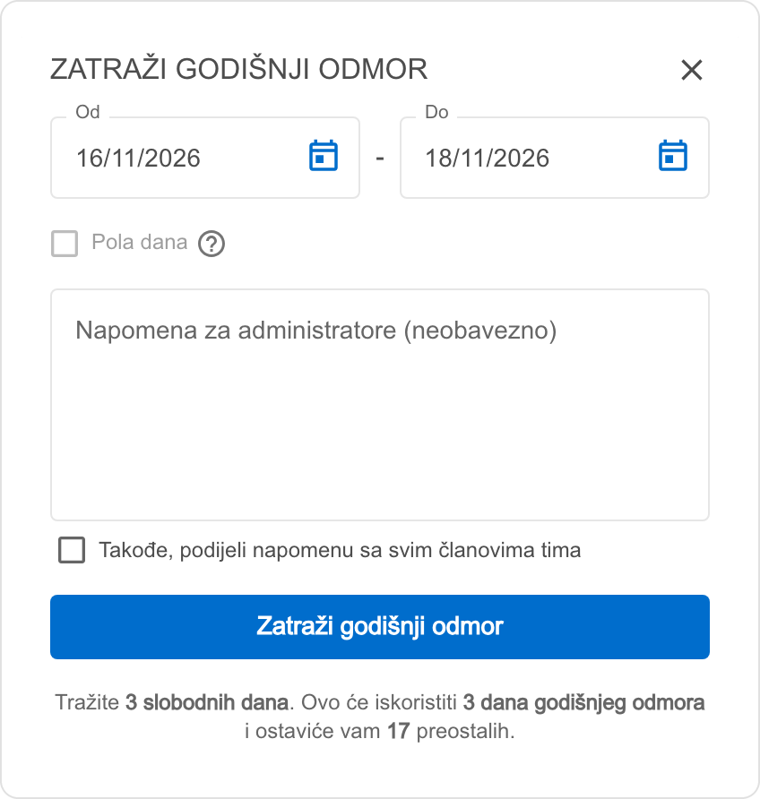 Forma za zahtjev za godišnji odmor s odabranim periodom i sažetkom dana koji će biti iskorišteni
