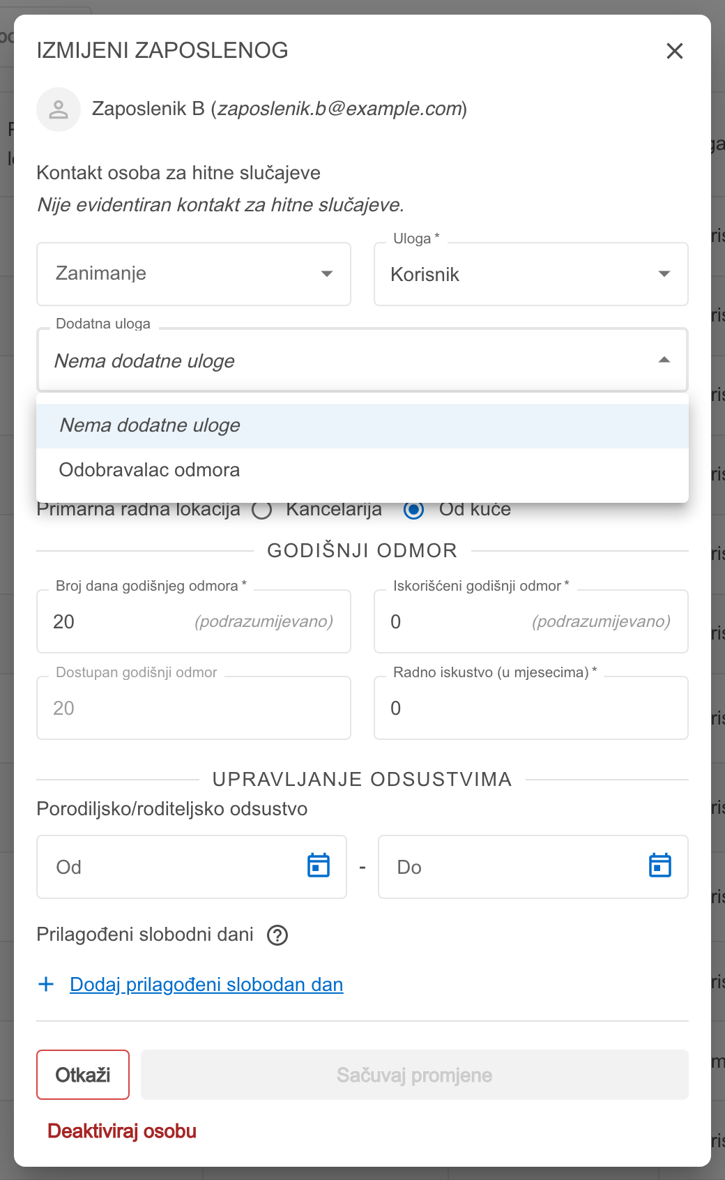 Padajuća lista Dodatna uloga otvorena u prozoru za izmjenu zaposlenog