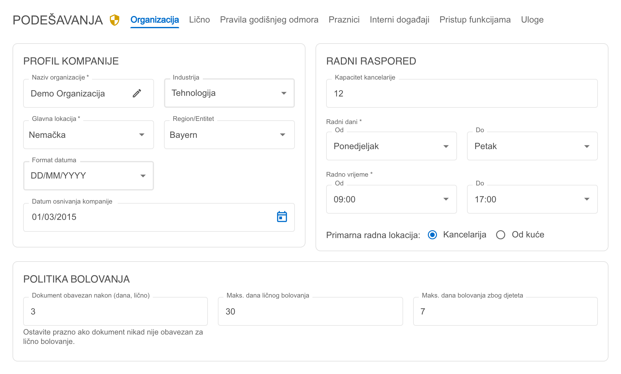 Kartica Organizacija u Podešavanjima sa blokovima Profil kompanije, Radni raspored i Politika bolovanja