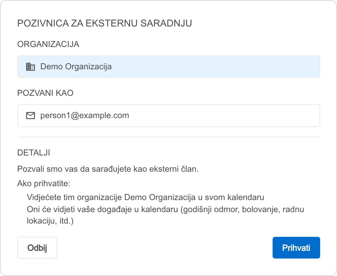 Prozor Pozivnica za eksternu saradnju sa dugmadima Odbij i Prihvati