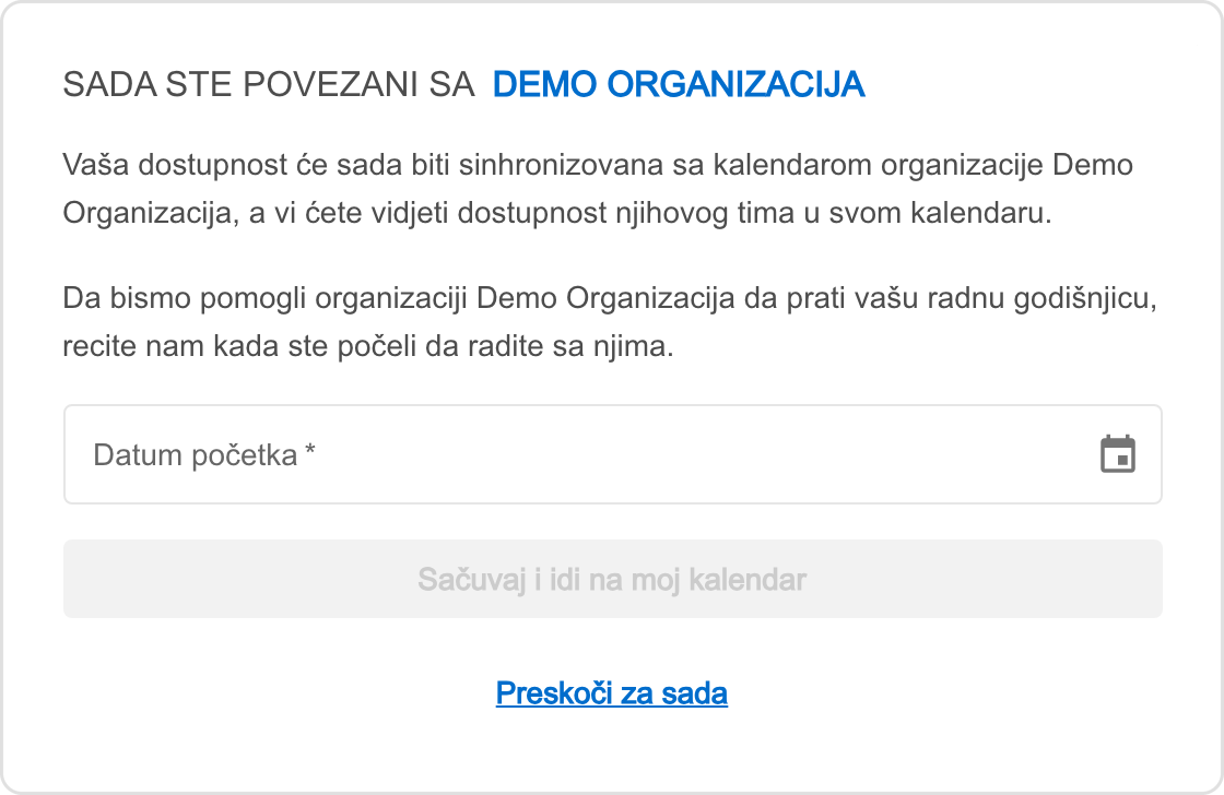 Prozor nakon prihvatanja pozivnice sa poljem Datum početka