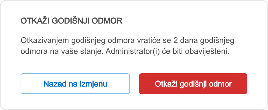 Prozor za potvrdu otkazivanja godišnjeg odmora