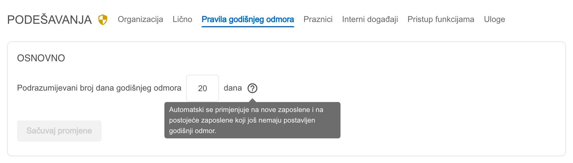 Kartica Osnovno sa poljem za podrazumijevani broj dana godišnjeg odmora i objašnjenjem uz ikonu pitanja