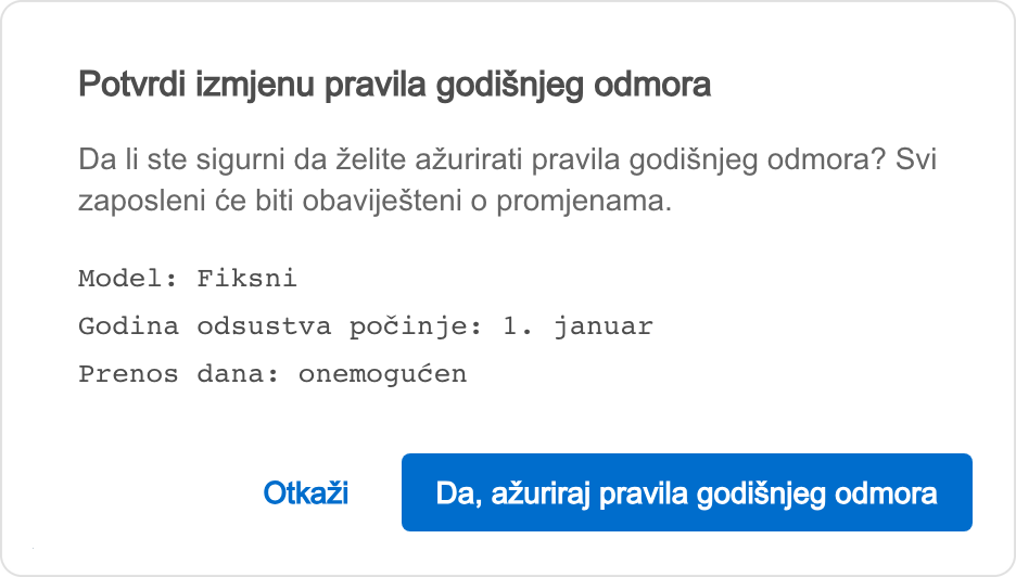 Prozor za potvrdu izmjene pravila godišnjeg odmora sa sažetkom pravila