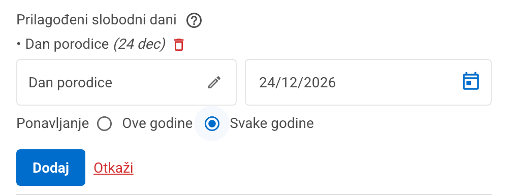 Obrazac za novi prilagođeni slobodan dan s nazivom, datumom i izborom ponavljanja