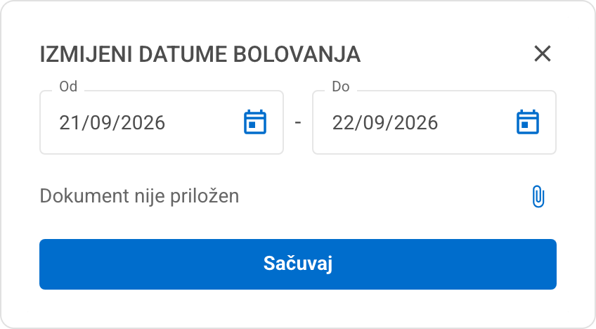 Dijalog Izmijeni datume bolovanja s redom Dokument nije priložen i ikonom spajalice za dodavanje dokumenta