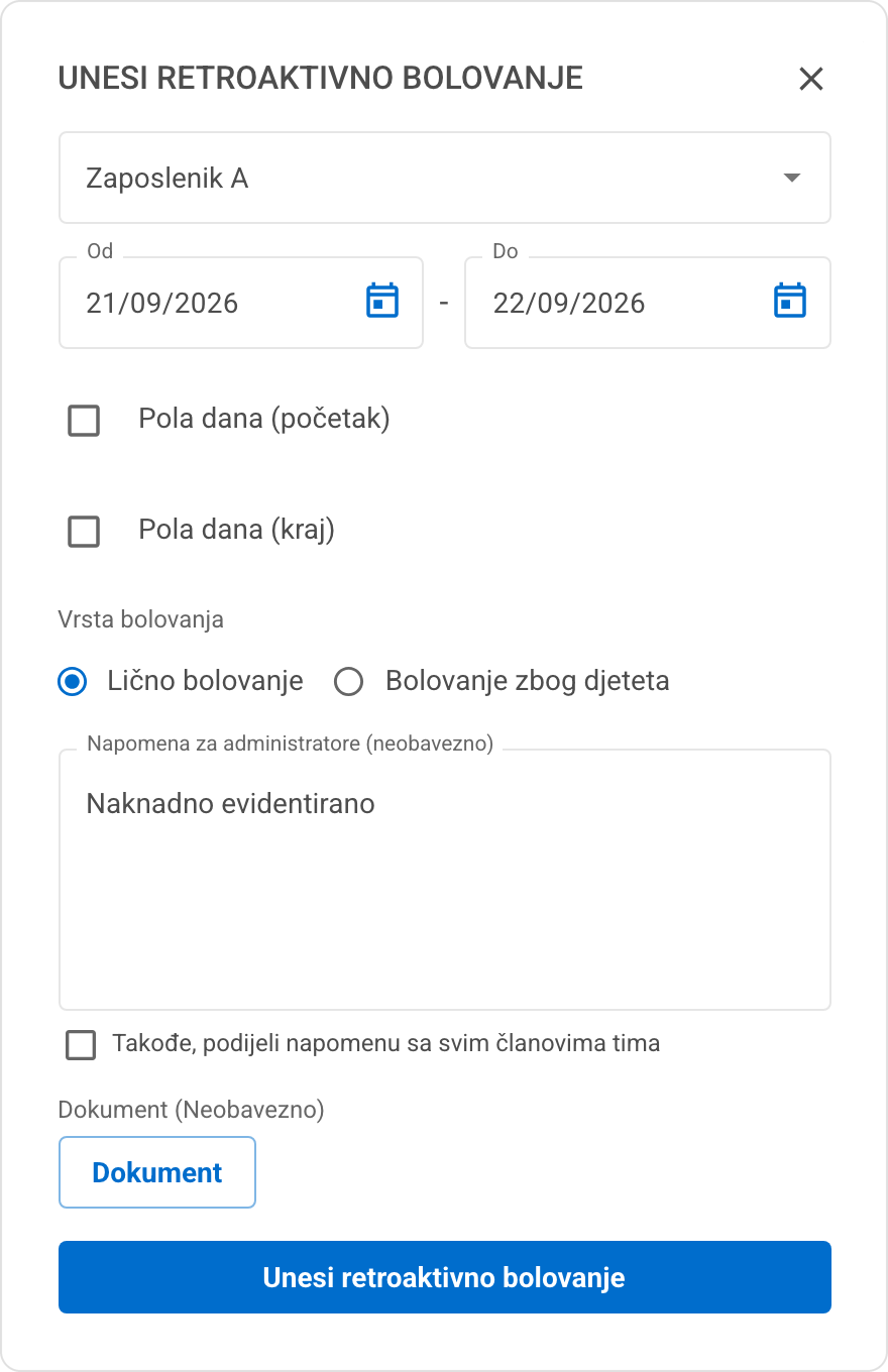 Prozor za unos retroaktivnog bolovanja s izborom zaposlenog, perioda, vrste bolovanja, napomene i dokumenta