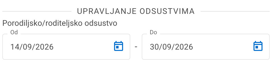 Polja Od i Do za porodiljsko odsustvo u prozoru Izmijeni zaposlenog