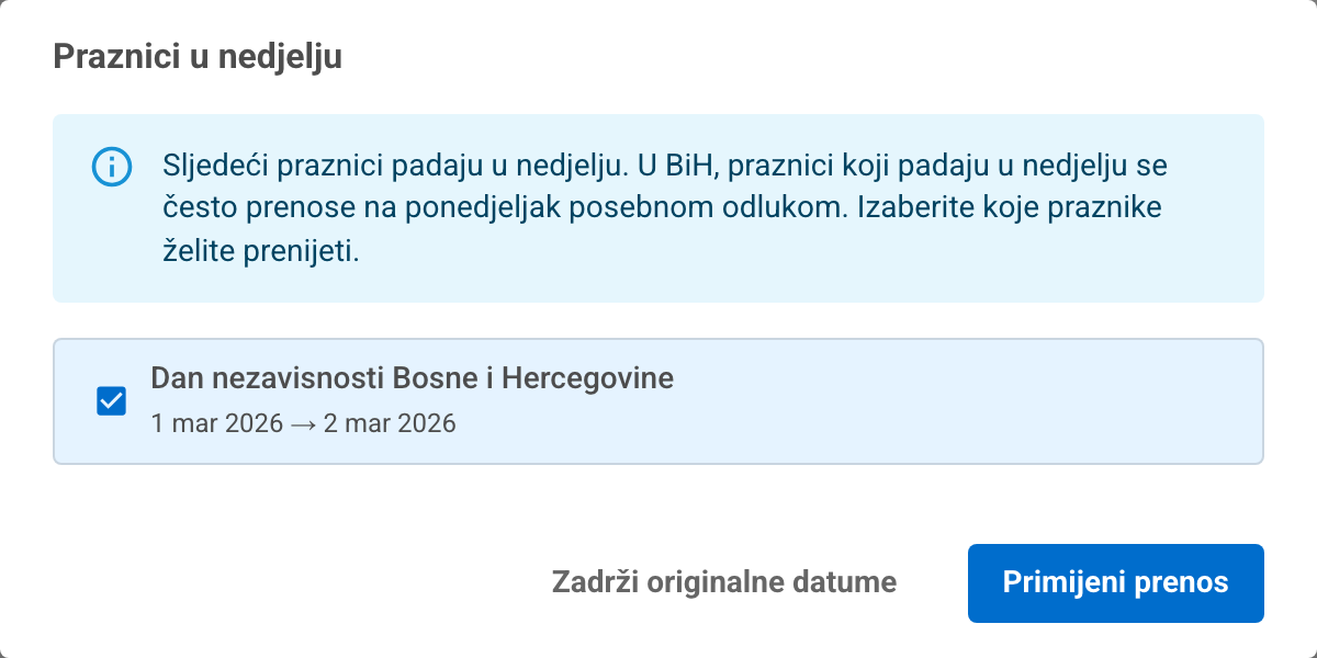 Prozor Praznici u nedjelju s izborom prenosa na ponedjeljak