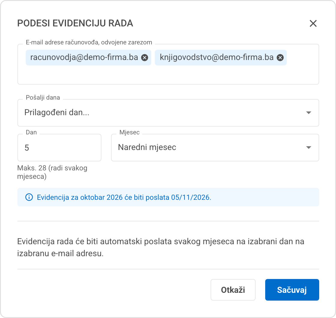 Modal za podešavanje mjesečne evidencije sa unesenim emailom računovođe i izabranim prilagođenim danom slanja