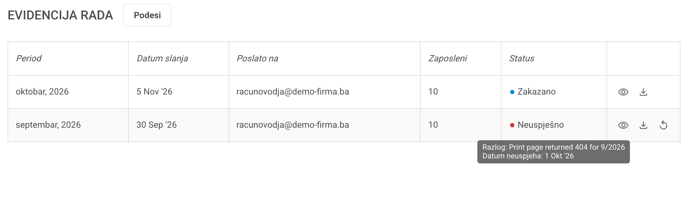 Tabela Evidencija rada s mjesecom u statusu Neuspješno, opisom razloga neuspjeha i ikonom Pokušaj ponovo