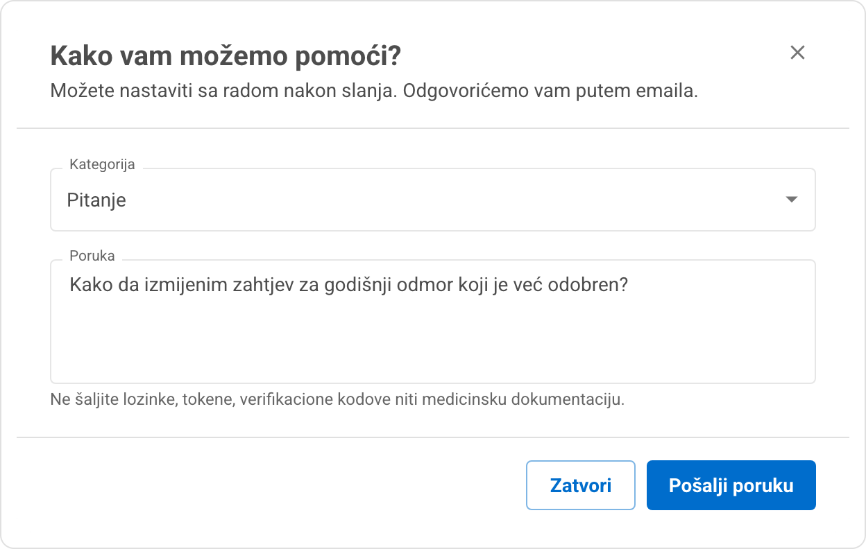 Prozor za kontaktiranje podrške sa izborom kategorije, poljem za poruku i dugmetom Pošalji poruku